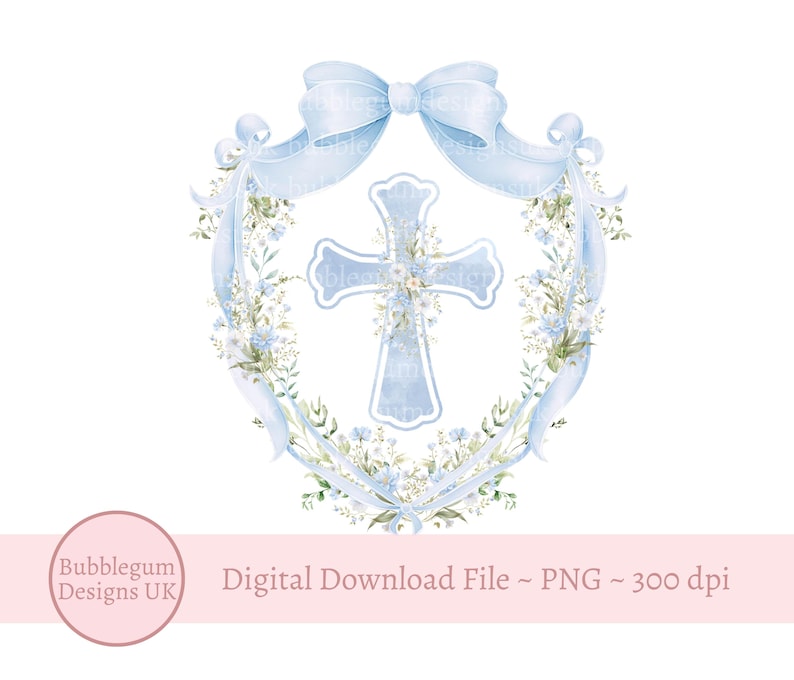 Blue Floral Cross Crest PNG, First Communion Sublimation Design, Holy ...