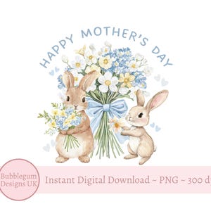 Happy Mother's Day mama en baby konijntje blauwe bloemen sublimatieontwerp, png, Moederdagkaart ontwerp, instant digitale download