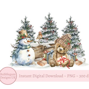 Pupazzo di neve e orso del bosco invernale PNG, 1° Natale, design per biglietti di Natale, sacco di Babbo Natale, decorazione per scatola della vigilia di Natale, download digitale istantaneo