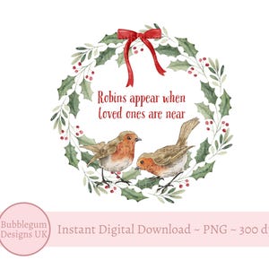 Rotkehlchen erscheinen, wenn geliebte Personen in der Nähe sind Weihnachtskranz PNG, Sublimationsdesign, Kartendesign, In Sympathie PNG, sofortiger digitaler Download