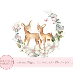 Corona floreale rosa con cerbiatti gemelli in formato PNG, disegno a sublimazione "Ciao bambino", neonato, baby shower per gemelli, bambina, download digitale istantaneo