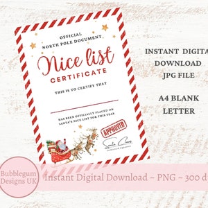 Certificaat Santa's Nice List, A4 kerstbrief kerstman, kerstman Nice List, Noordpool, JPG, Instant Digitale Download