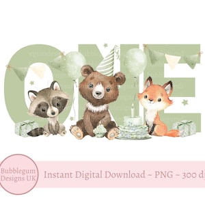 Groene bosdieren ONE sublimatieontwerp, png, pyjama eerste verjaardag, bosdieren, als ik wakker word, zal ik het zijn, instant digitale download