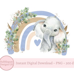 Elefante azul arco iris PNG, lindo elefante clipart, nuevo diseño de tarjeta de bebé, cumpleaños de Safari, descarga digital instantánea