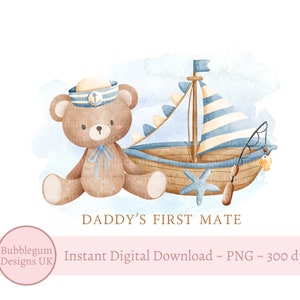 Orsacchiotto di peluche con barca a vela blu in formato PNG, Primo ufficiale di papà, Design per biglietto di auguri per la festa del papà, Design per sublimazione di orsacchiotti, Download digitale istantaneo