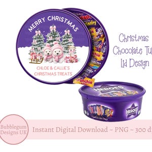 Merry Christmas Pink Polar Bears Chocolate Tub Lid Design PNG, Printable Chocolate Candy Tub Lid, Christmas Sticker,Instant Digital Download