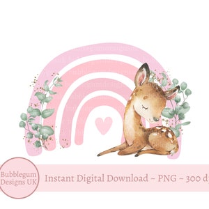 Woodland Deer Pink Regenbogen PNG, Hirsch Sublimation, Pink Eukalyptus Regenbogen Design, Mädchen erster Geburtstag, süßes Reh, sofortiger digitaler Download