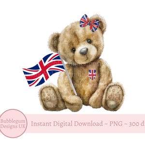 Union Jack patriotique fille ours en peluche PNG, conception de sublimation ours en peluche, drapeau du Royaume-Uni et ours en peluche, ours de sport d'été, téléchargement immédiat