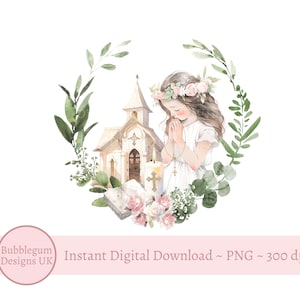 Erste heilige Kommunion Kranz PNG, Mädchen 1. Kommunion Sublimation Design, Eukalyptus Blumenkranz, Bibel, Beten, sofortiger digitaler Download