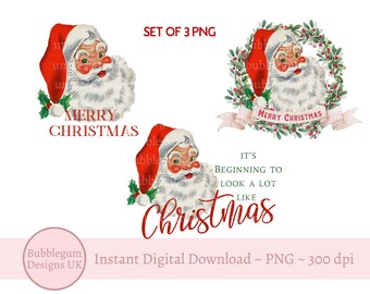 3 x Christmas Santa Designs, PNG, Santa Clipart, Vintage Santa Design, Christmas Card, Christmas Mug Sublimation, Instant Digital Download