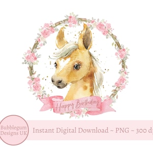 Couronne de roses roses poney PNG, aquarelle bébé animal de la ferme, conception en sublimation poney, conception de carte d'anniversaire cheval, téléchargement immédiat