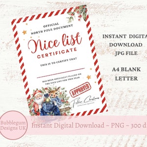 Weihnachtsmann Nette Liste Zertifikat Brief, A4 Nikolaus Zug Weihnachtsbrief, Nikolaus Nette Liste, Nordpol, JPG, Sofortiger digitaler Download