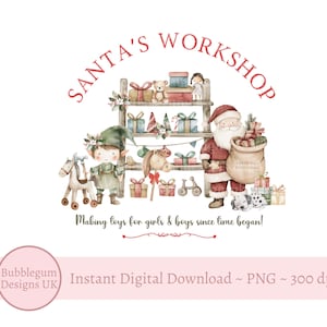 PNG laboratorio di Babbo Natale, sublimazione di Natale, design biglietto di Natale, design sacco di Babbo Natale, negozio di giocattoli, elfo di Natale, download digitale istantaneo