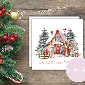 May include: A Christmas card featuring a watercolor illustration of a red and white gingerbread house with a snowy roof. A rabbit wearing a red coat and a bow tie stands in front of the house. The text "Christmas Wishes" is written below the illustration.