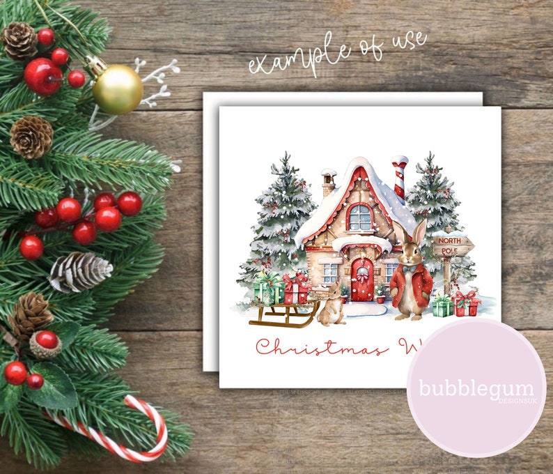 May include: A Christmas card featuring a watercolor illustration of a red and white gingerbread house with a snowy roof. A rabbit wearing a red coat and a bow tie stands in front of the house. The text "Christmas Wishes" is written below the illustration.
