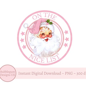 Diseño de lista de buenos deseos de Papá Noel rosa, calcomanía navideña vintage de Papá Noel PNG, diseño de sublimación de lista de buenos deseos de Papá Noel, descarga digital instantánea