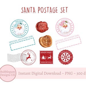Set di affrancatura Santa Mail PNG, disegni di Babbo Natale rosa e blu, adesivi, francobollo di Babbo Natale vintage, posta del Polo Nord, download digitale istantaneo