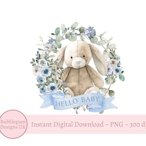 Hallo baby blauwe bloemen konijntje krans PNG, babyjongen sublimatie ontwerp, nieuwe baby, babyshower, Hallo baby illustraties, instant digitale download