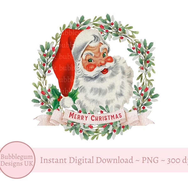Frohe Weihnachten Weihnachtsmann Kranz PNG, Weihnachten ClipArt, Vintage Santa Girlande Design, Urlaub Karte Sublimation, sofortiger digitaler Download