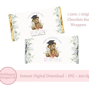 2 x embalagens para barras de chocolate para impressão, agradecimentos ao professor assistente, design de urso, embalagem para barra de chocolate de 1,55 oz (100 g), download digital instantâneo