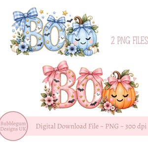 May include: Two digital graphic designs featuring the word BOO in blue and pink color schemes. Each design includes a pumpkin with a face, blue or pink gingham bows, small ghosts, bats, stars, and floral accents. Text reads 2 PNG FILES.