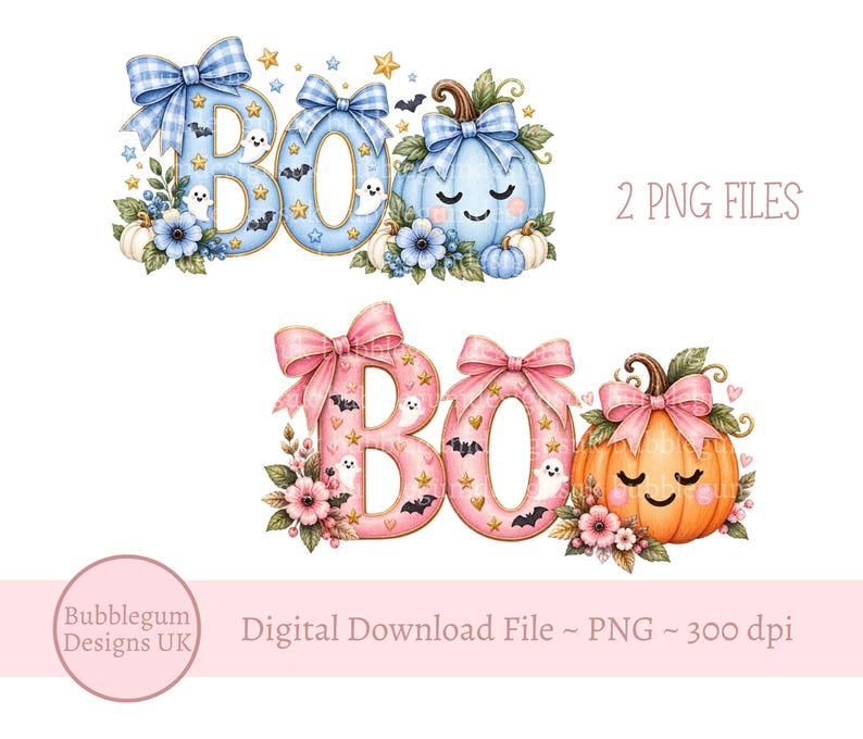 May include: Two digital graphic designs featuring the word BOO in blue and pink color schemes. Each design includes a pumpkin with a face, blue or pink gingham bows, small ghosts, bats, stars, and floral accents. Text reads 2 PNG FILES.