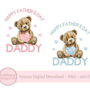 2 ositos de peluche con texto "Feliz Día del Padre, Papá" PNG, diseño rosa y azul, sublimación, descarga digital instantánea