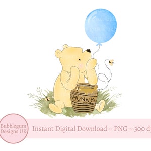 Conception classique de sublimation d'anniversaire de ballon bleu de Winnie l'ourson, PNG, conception de 1er anniversaire de Winnie l'ourson, téléchargement numérique instantané