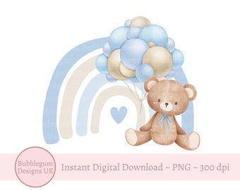 Teddybär blaue Luftballons & Regenbogen PNG, Teddybär Clipart, Bär-Babyparty, Geburtstagsbär Luftballons, Baby Boy, sofortiger digitaler Download