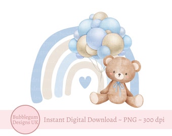 Teddy Bear Blue Balloons & Rainbow PNG, Teddy Bear Clipart, Bear Baby Shower, Birthday Bear Balloons, Baby Boy, Instant Digital Download