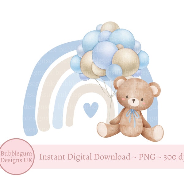 Teddy Bear Blue Balloons & Rainbow PNG, Teddy Bear Clipart, Bear Baby Shower, Birthday Bear Balloons, Baby Boy, Instant Digital Download