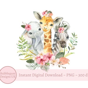 Baby safaridieren roze bloemen PNG, Wild One, Two Wild, meisjes verjaardag sublimatie ontwerp, jungle, roze dierentuin, instant digitale download