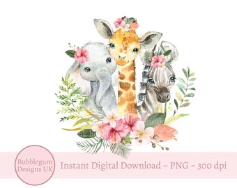 Baby Safari Animals Pink Floral PNG, Wild One, Two Wild, Girls Birthday Sublimation Design, Jungle, Pink Zoo,Instant Digital Download