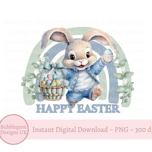 Happy Easter Blue Bunny Rainbow PNG, Easter Bunny Sublimation Design, Baby 1st Easter, Easter Treat Box Topper, Instant Digital Download