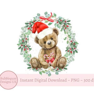 Christmas Teddy Bear Wreath PNG, Christmas Clip Art, Santa Sack Design, Christmas PJ Design, Holiday Sublimation, Instant Digital Download
