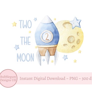 Zwei Monde PNG, blaue Rakete und gelbes Mond Design, Sublimationsdesign zum zweiten Geburtstag für Jungen, zum Mond und zurück, sofortiger digitaler Download