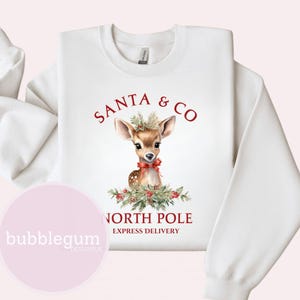 K&ouml;nnte beinhalten: Wei&szlig;er Pullover mit einem roten und gr&uuml;nen Weihnachtsmotiv. Das Motiv zeigt ein s&uuml;&szlig;es Cartoon-Reh mit einer roten Schleife und dem Text "Santa & Co. North Pole Express Delivery".