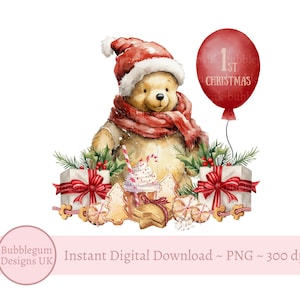 Klasyczny Kubuś Puchatek 1st Christmas Sublimation Design, PNG, Miś Bożonarodzeniowy, Projekt pudełka Wigilijnego, Natychmiastowe Pobieranie Cyfrowe