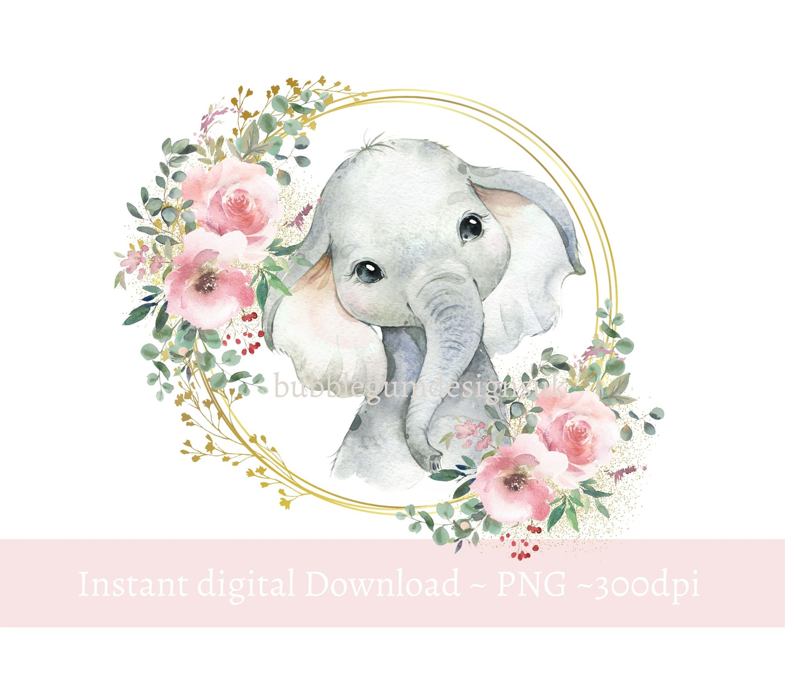 Bébé éléphant rose couronne florale PNG Aquarelle Éléphant Etsy