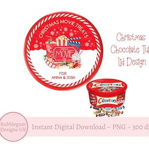 Christmas Movie Night Treats Chocolate Tub Lid Design, PNG,  Printable Chocolate Candy Tub Lid, Christmas Sticker,  Instant Digital Download