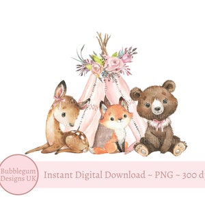 May include: Watercolor illustration featuring a pink teepee adorned with floral accents, accompanied by a deer, fox, and bear. The deer has a pink bow, the bear has a pink ribbon, and the fox is orange. The image includes the text "Instant Digital Download ~ PNG ~ 300 dpi".