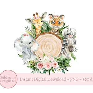 Fetta di tronco di animali da safari in formato PNG, cuccioli di animali ad acquerello, design per sublimazione su maglietta, design per biglietti di compleanno, download digitale istantaneo