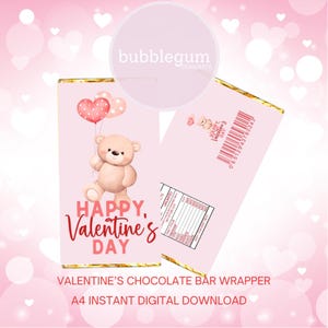 Printable Valentine&#39;s Day Chocolate Bar Wrapper, Happy Valentine&#39;s Day Teddy Design, 1.55oz(100g)Candy Bar Wrapper, Instant Digital Download