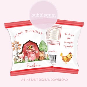Paquet de friandises de fête d'anniversaire de grange de ferme rouge, JPG imprimable A4, sac de friandises de fête de ferme, sac de croustilles, sac croustillant, cadeau, téléchargement numérique immédiat