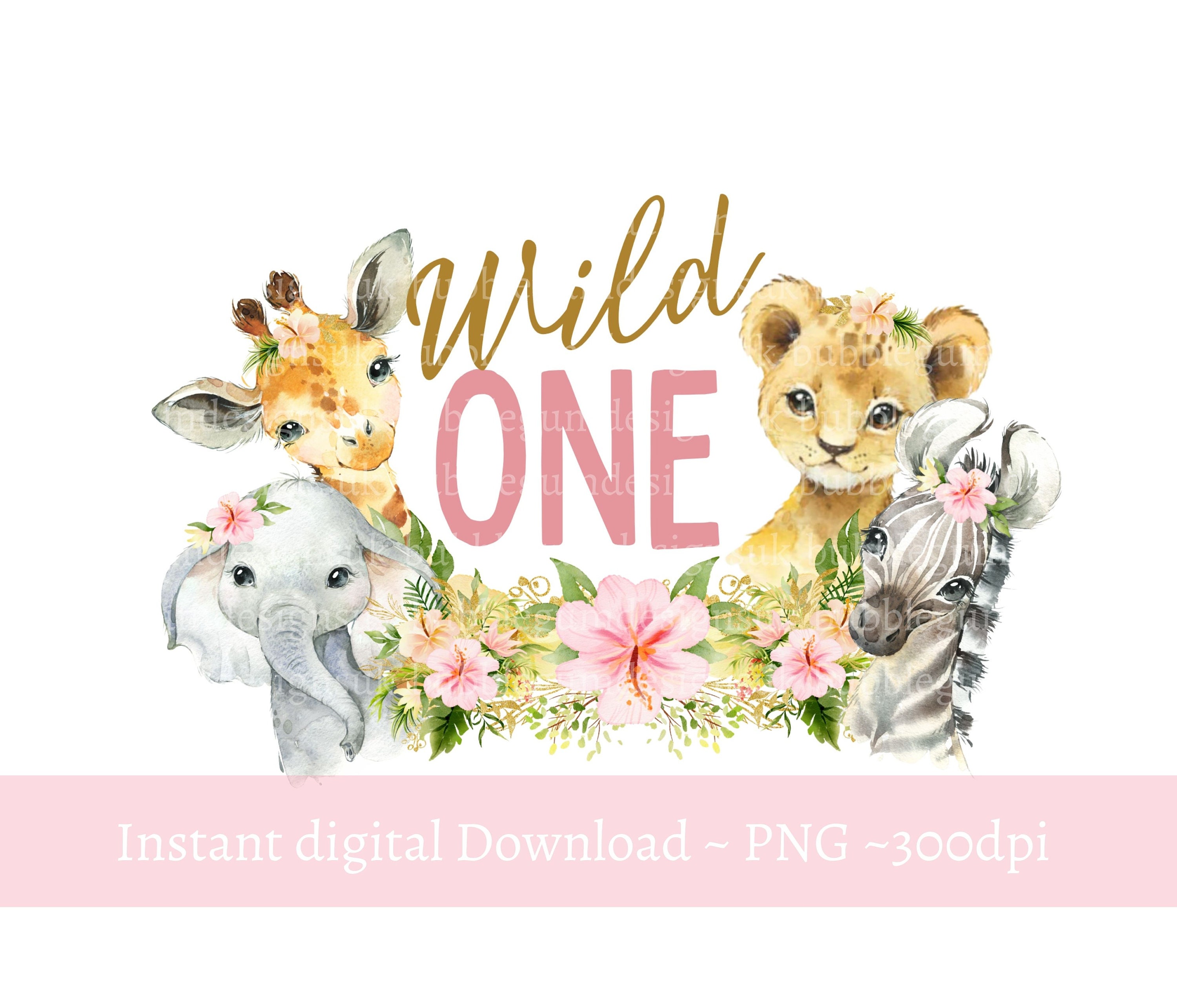 Girls Wild One Baby Safari Animals in Flower Crowns PNG First | Etsy ...