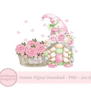 Gnomo de rosas rosadas y cesta de flores para el día de la madre PNG, diseño de sublimación para el día de la madre, diseño de tarjeta de mamá, descarga digital instantánea
