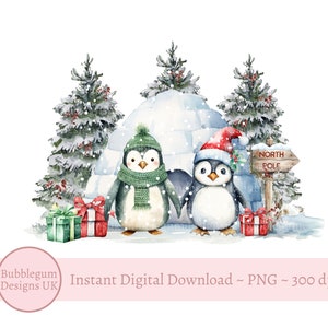 Pareja de pingüinos navideños PNG, diseño de sublimación de iglú de pingüino, diseño de tarjeta navideña, diseño de saco navideño, descarga digital instantánea