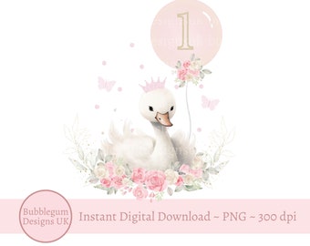 Swan 1st Birthday PNG, Swan Sublimation Design, Girls First Birthday Party Decor, Birthday Swans, Swan Balloon ONE, Instant Digital Download