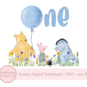 Winnie The Pooh 1° compleanno PNG, Pooh compleanno design a sublimazione, primo compleanno blu, Pooh, Pimpi, Eeyore, download digitale istantaneo
