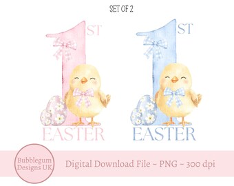 Set of 2 Easter Chick Designs, PNG, Blue & Pink Chick, Baby's 1st Easter T Shirt Design, Easter Sack, Instant Digital Download